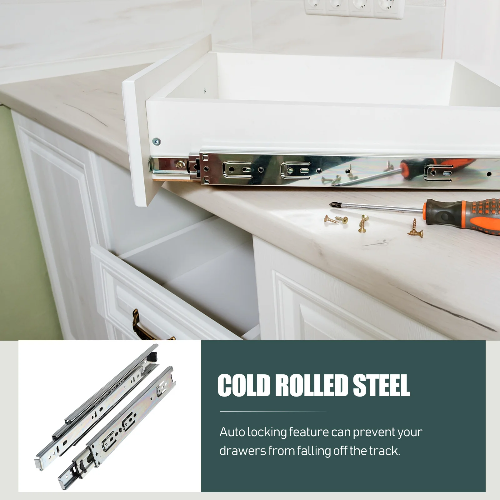 

2Pcs Drawer Rail Cold Rolled Steel Replacement Slider Auto Locking Cabinet Drawer Guide Slides Smooth Noiseless Full Extension