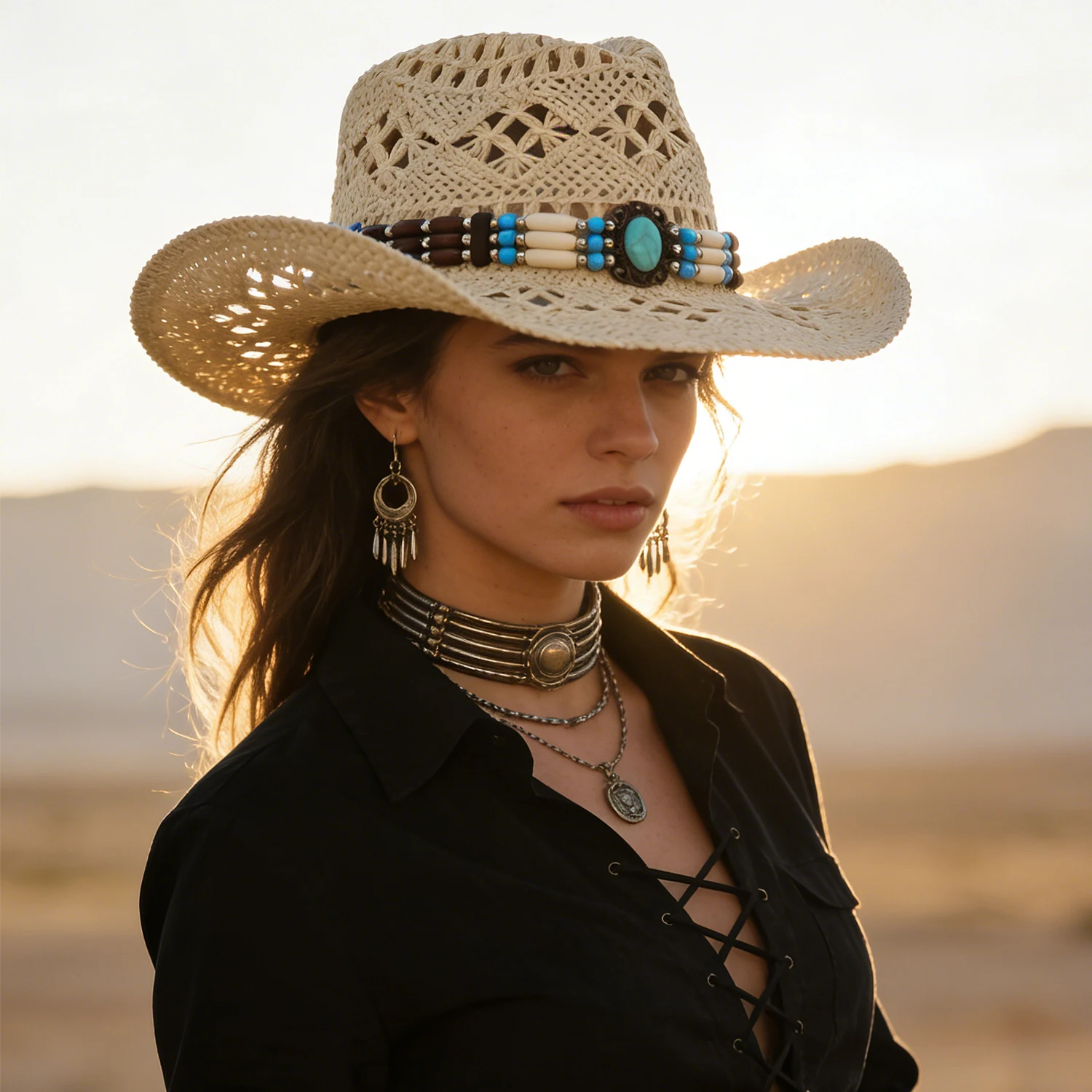 

Breathable Western Cowboy Hat with Wide Brim Straw Hat Cowgirl Summer Hat - Adjustable Sun Hat for Outdoor, Travel, Ranch, Weste