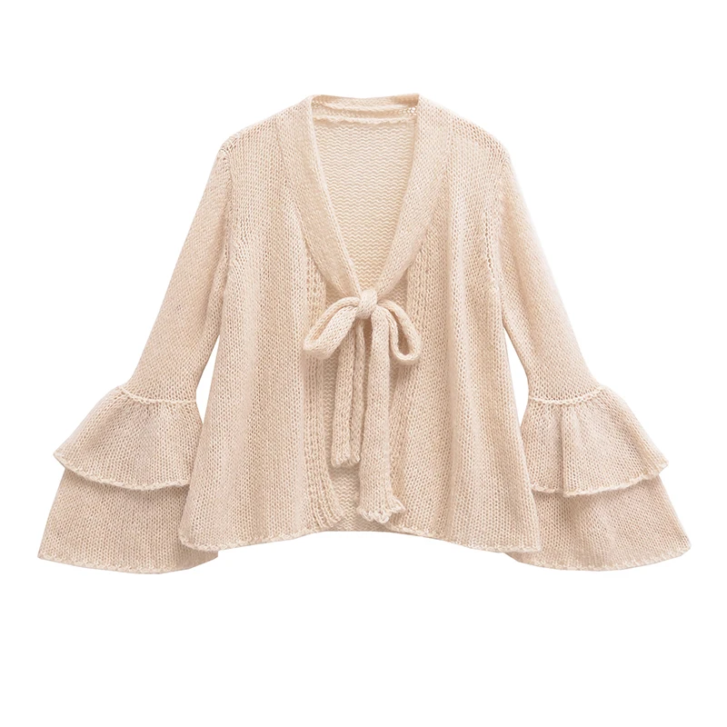 

YENKYE New Fashion Women Front Tie Ruffled Sleeve V Neck Knit Cardigan Loose Outerwear