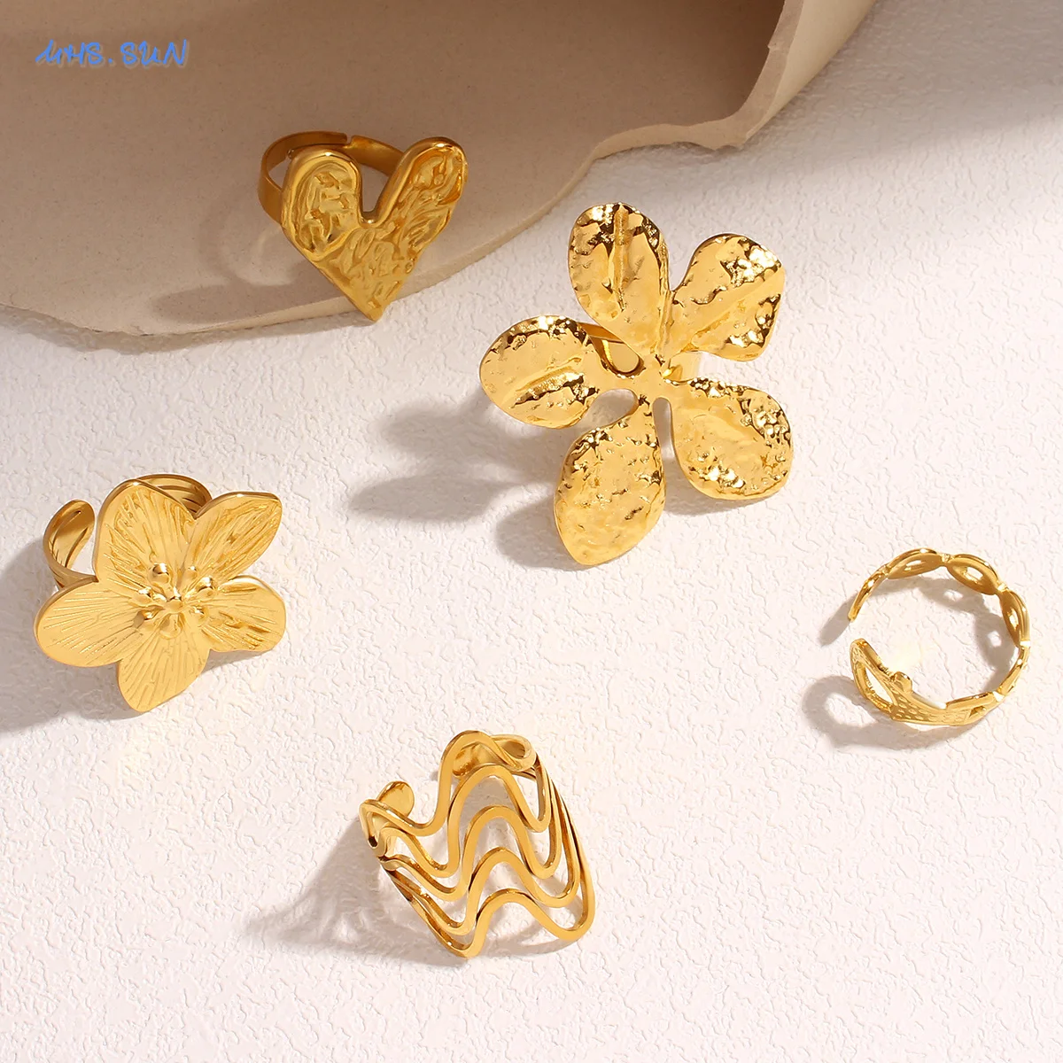 MHS.SUN Gold Plated Flower/Heart Open Rings Stainless Steel Irregular Hollow Multi Curve Lines Finger Jewelry For Women Men