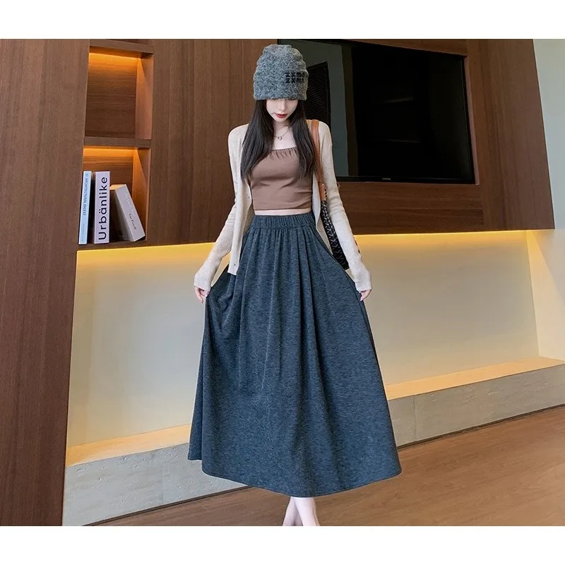 Grijs gebreide A-lijn midi-rok voor dames, uitlopende rok met hoge taille, afslankende preppy schoolstijl