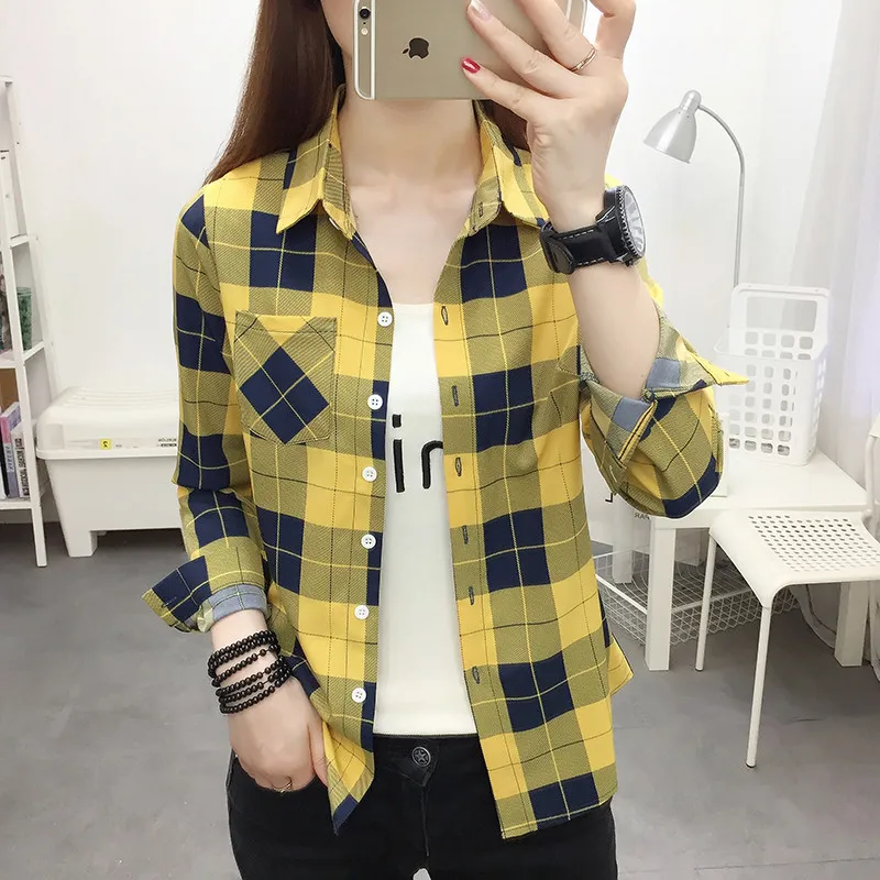 UHYTGF Spring Summer Shirt Women\'s Long-Sleeved Plaid Thin Tops Female Single Breasted Casual Students Shirts And Blouses 2471