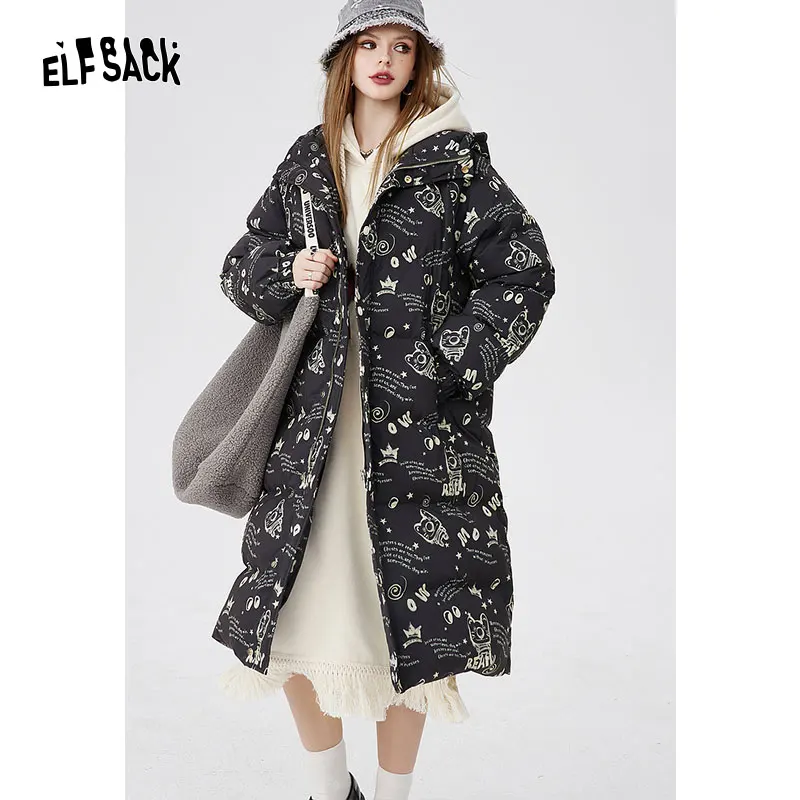 ELFSACK Printing Warm Down Coats Women 2024 Winter Cartoon Printed Hooded Down coats Jackets