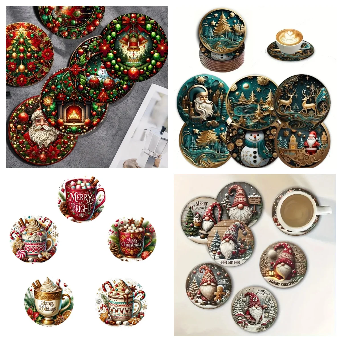 6Santa Claus Printed MATS, Suitable for Daily Family Gathering Decoration, Offices, Anti-Slip Wooden Coasters, and Holiday Gifts