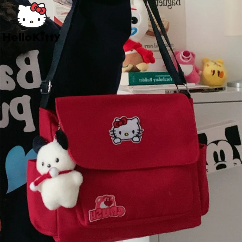 Sanrio Hello Kitty nowe czerwone torby Messenger Cartoon koreańska moda kwadratowa torba na ramię Crossbody w stylu college\'u słodkie torebki kobiety