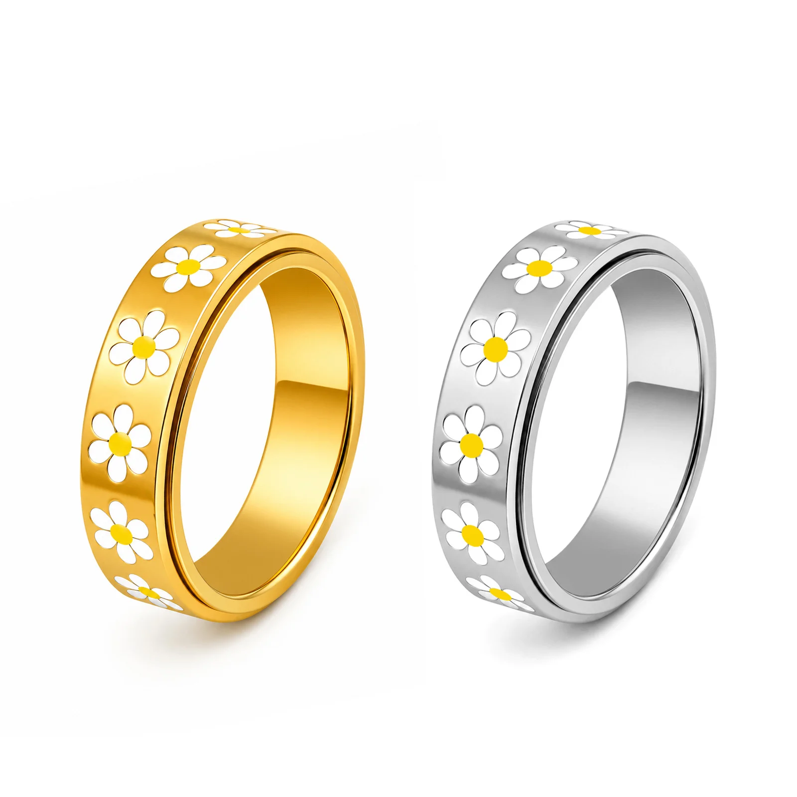 Kissmoon Stainless Steel Rotating Spinner Ring for Women Daisy Finger Rings Fidget Anxiety Stress Relief Jewelry Accessories