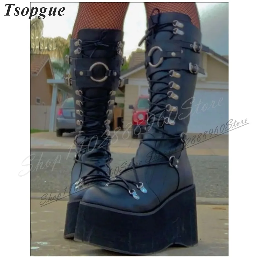 Punk Knee High Black Cross Tied Thick Soled Knight Boots Wedge Heel Women Shoes Back Zipper Round Toe 2024 Zapatos Para Mujere