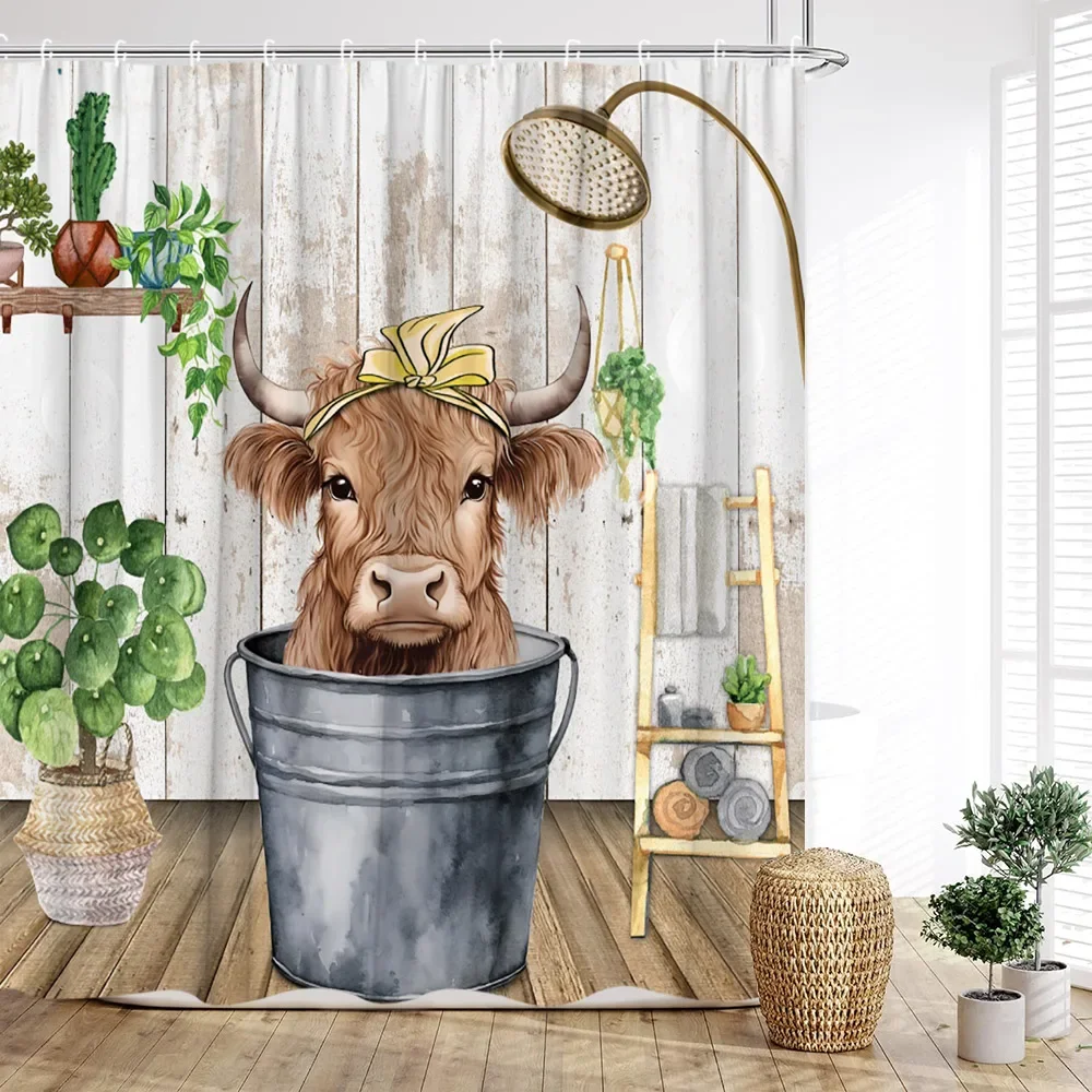 Cow Shower Curtain, Farm Animals Watercolor Spring Cartoon Rustic Plank Flower Butterfly Barrel Sunflower Cowboy Bathroom Decor