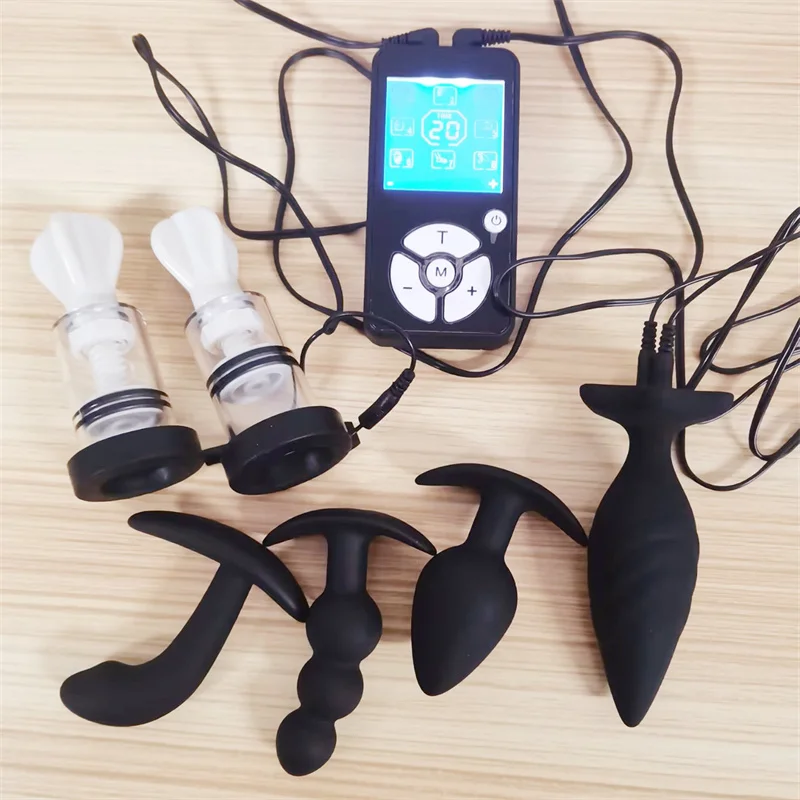 8 Modes Electric Shock Silicone Anal Beads Butt Plug Breast Pumps Nipples Sucker Cups Adult Sex Toys for Women Men Masturbation