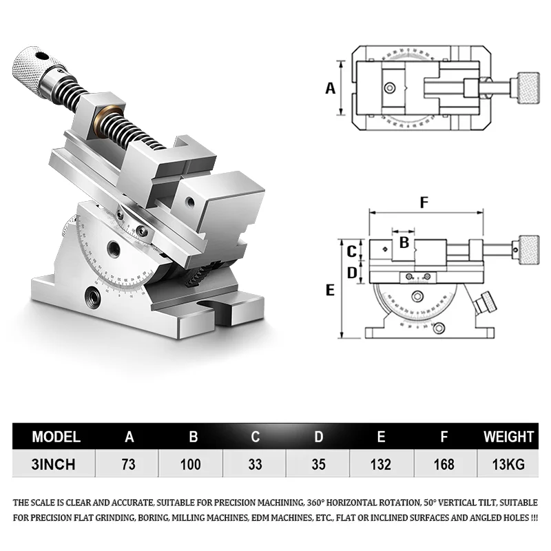 Universele precisieschroef met platte kaak, roterende bankschroef, maat 2 tot 3 inch, 360 °   Rotatie Verstelbare hoek, Verticale kanteling tot 50 °