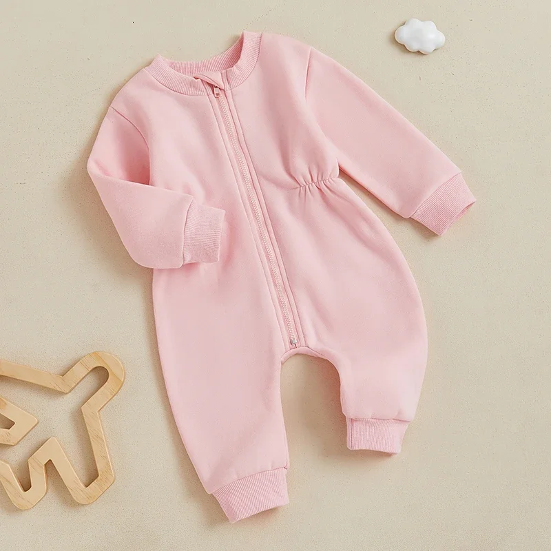 0-18 Months Newborn Baby Boys Girls Fleece Romper Solid Color Long Sleeve Zipper Front Full Length Jumpsuit