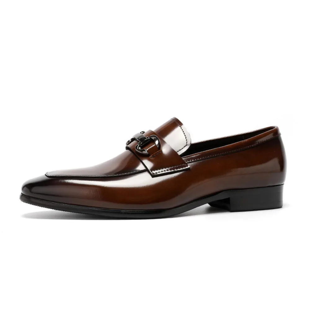Genuine Leather Mens Loafers British Style Bright Surface Square Toe Business Casual Leather Shoes for Summer