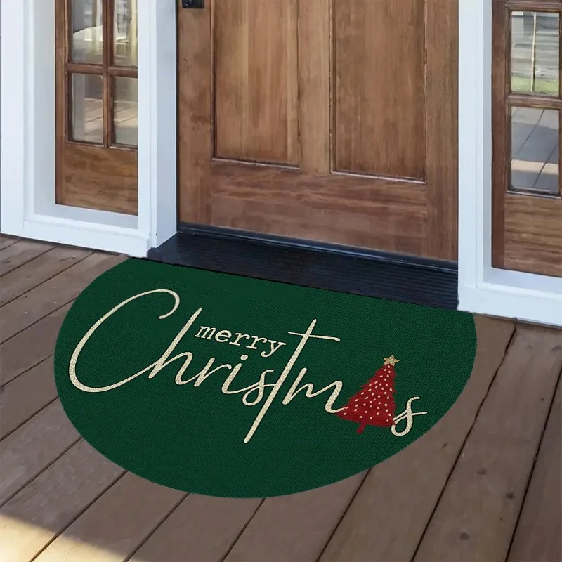 Sleigh Welcome Rug Christmas Sleigh Gift Half Round Mat NonSlip Felt Carpet for Front Door Entrance Tree Bell Holiday Decor