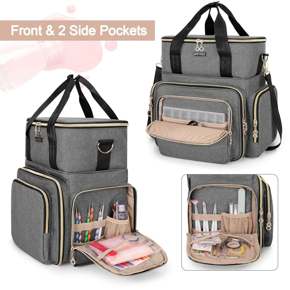 Double Layer Nail Polish Organizer Holds 70 Bottles with Nail Dryer, 2 Removable Pouches & Tools Storage Sections, Gray