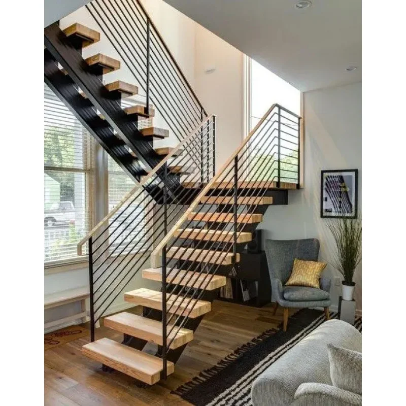 custom.Black Design Solid Wood Floating Stairs with Led Light