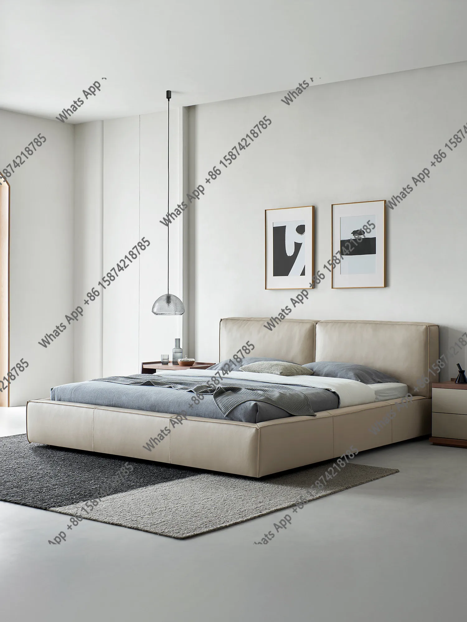 

Chiffon leather bed modern simple first layer cowhide master bedroom high-end atmosphere 1.8 meters double bed designer