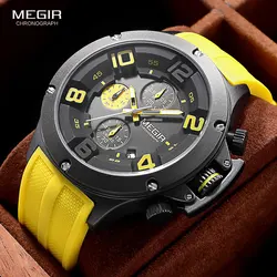 MEGIR Yellow Sport Quartz Watch for Men Fashion Waterproof Luminous Chronograph Wristwatch with Date Silicone Band Big dial 8115