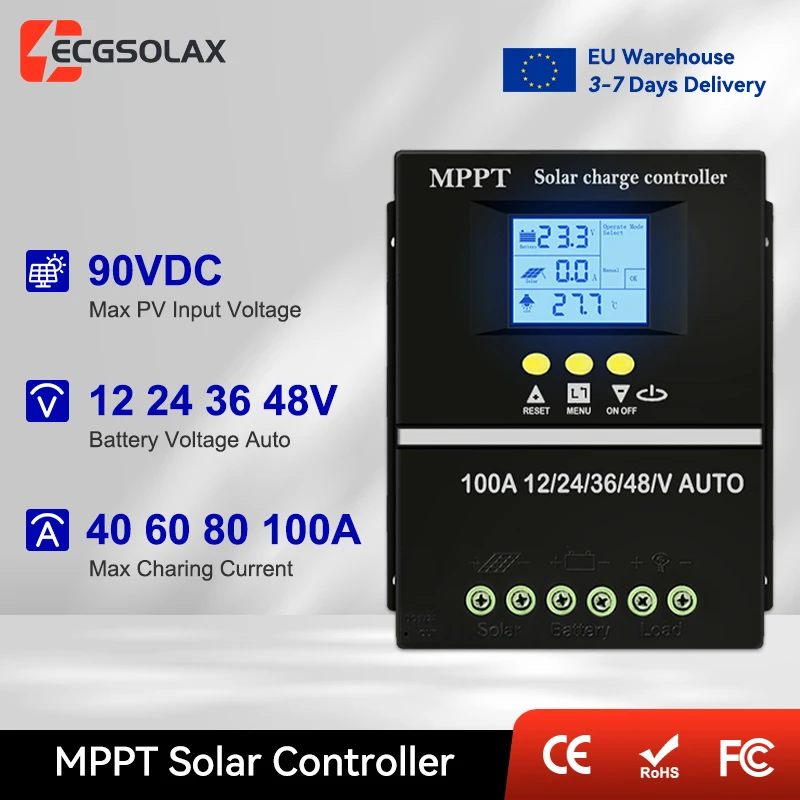 Contrôleur de charge solaire MPPT ECGSOLAX 100A 80A 60A 40A 12V 24V 36V 48V avec double USB pour panneaux solaires