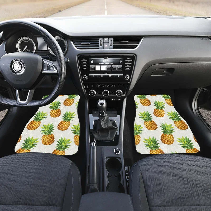 White Pineapple Pattern Print Front and Back Car Floor Mats Heavy Carpet Front and Rear Full Set 4PCs Pack