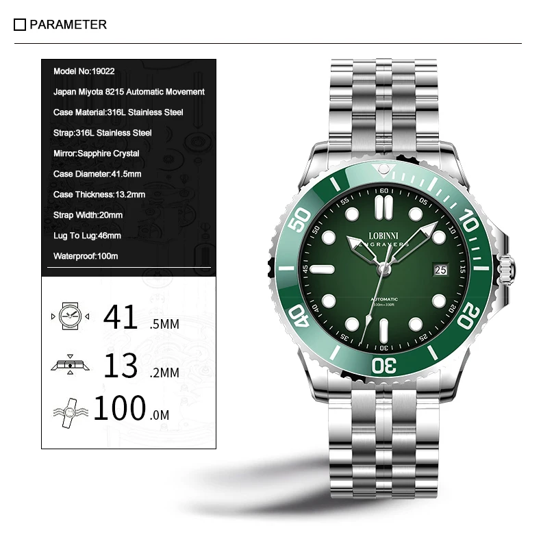 LOBINNI رجالي ساعات أوتوماتيكية ساعة فاخرة 10ATM مقاوم للماء ساعة اليد الميكانيكية الياقوت ميوتا 8215 الحافة السيراميك تاريخ