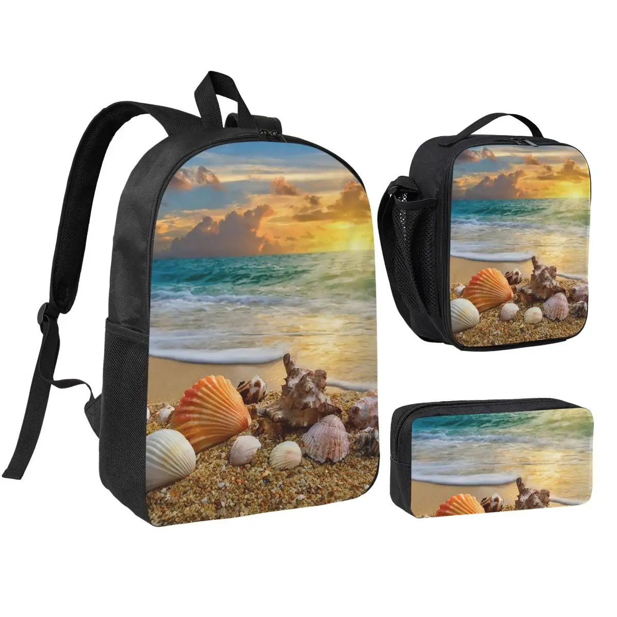 Shell With Beach Blue Printed Backpack Boys Girls BookBag School Bag Shoulder Bags 3ps Insulated Lunch Bag Pencil Case