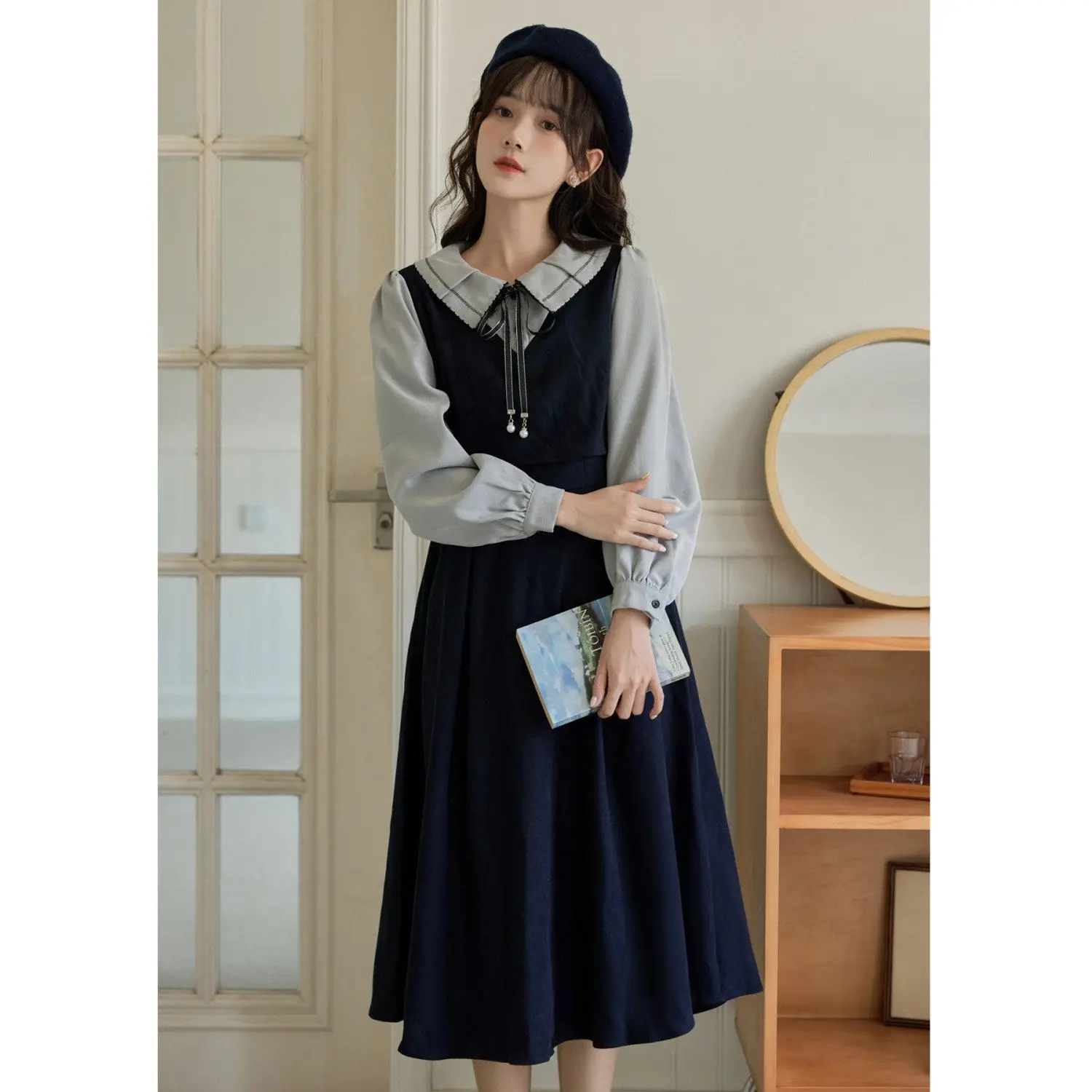 

MAGOGO Autumn 2025 New Elegant College Style Dress Women Vintage Forest Style Fake Two Pieces Bow Long Sleeve A-line Dresses