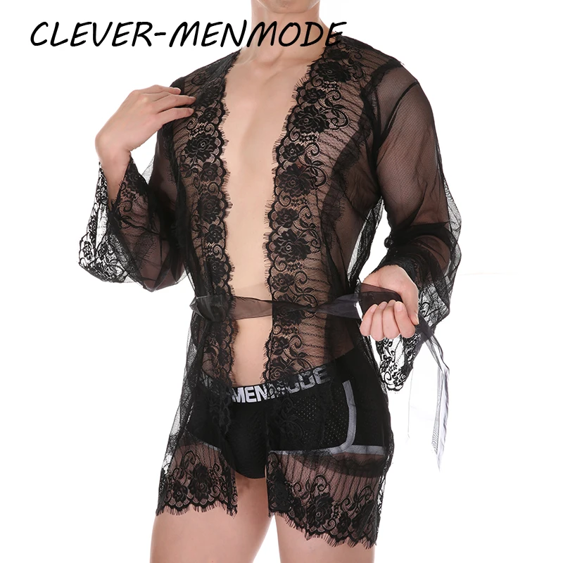 CLEVER MENMODE-Sexy Lace Sheer Pijamas para Homens e Mulheres, V-Neck, Tule Cardigan, Roupa Sexual, Lingerie Erótica