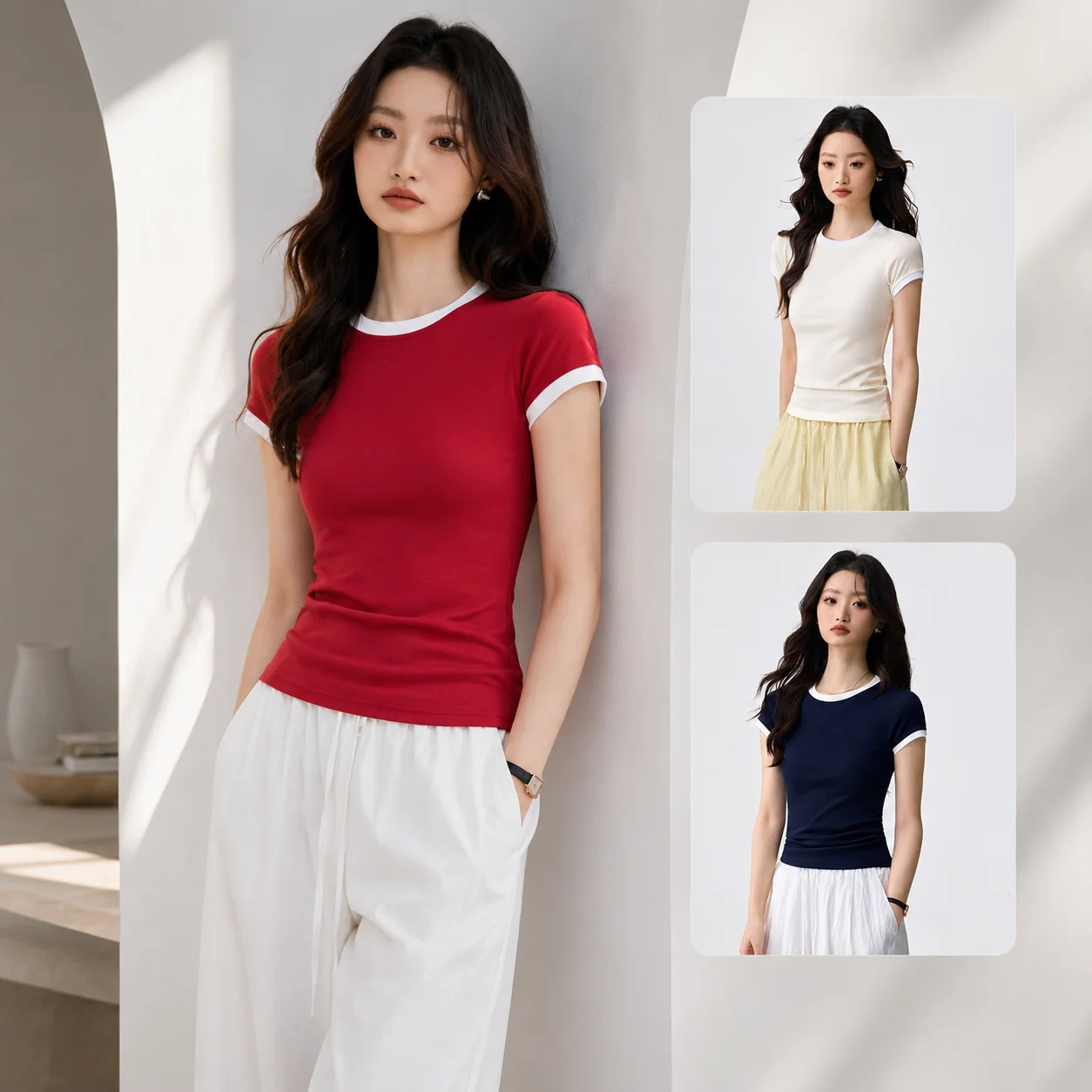 EOENKKY Striped Contrast Trim T-Shirt Women 2026 Summer Korean Casual Slim Fit Cotton Cute Graphic Tee