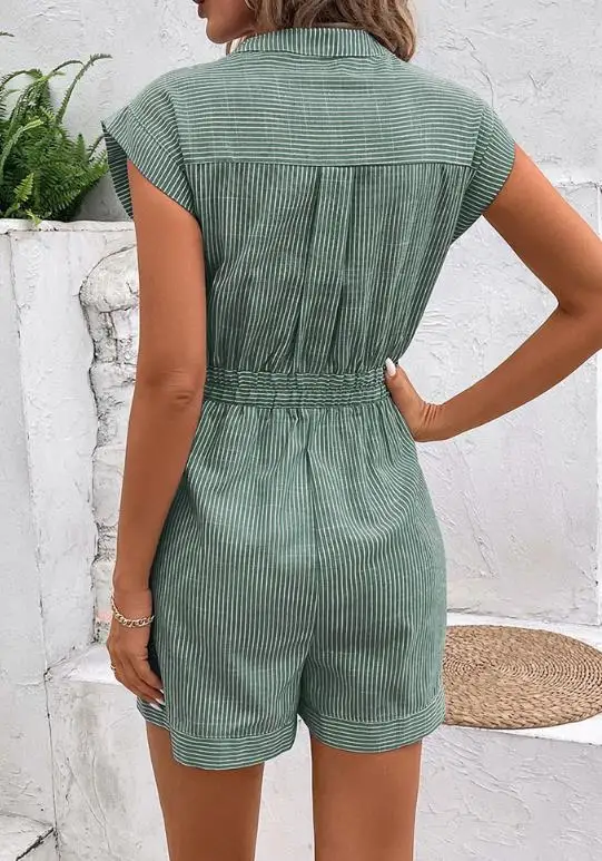

Женский комбинезон 2026: Новинка Весна-Лето, модный полосатый комбинезон с круглым вырезом, коротким рукавом, карманами и шнуровкой, повседневный, на каждый день