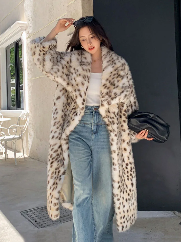 ZADORIN High Quality Elegant Loose Long Faux Fur Coat Winter Women Leopard Print Lapel Faux Mink Fur Jacket Thick Warm Fur Coats