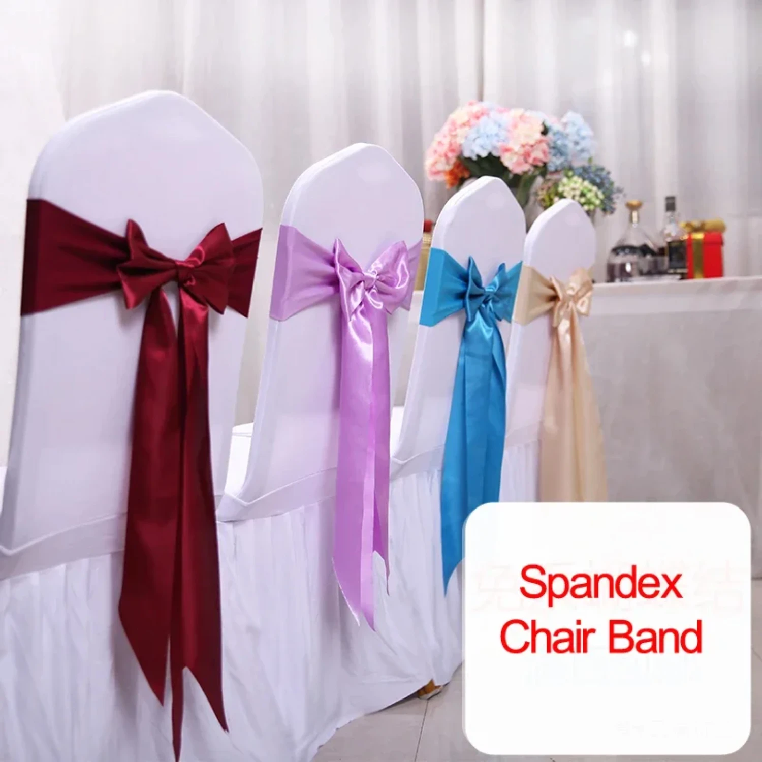 

25pcs Satin Spandex Chair Cover Band Ribbons Chair Tie Backs Party Banquet Decor Wedding Decoration Knot Chair Bow Sashes