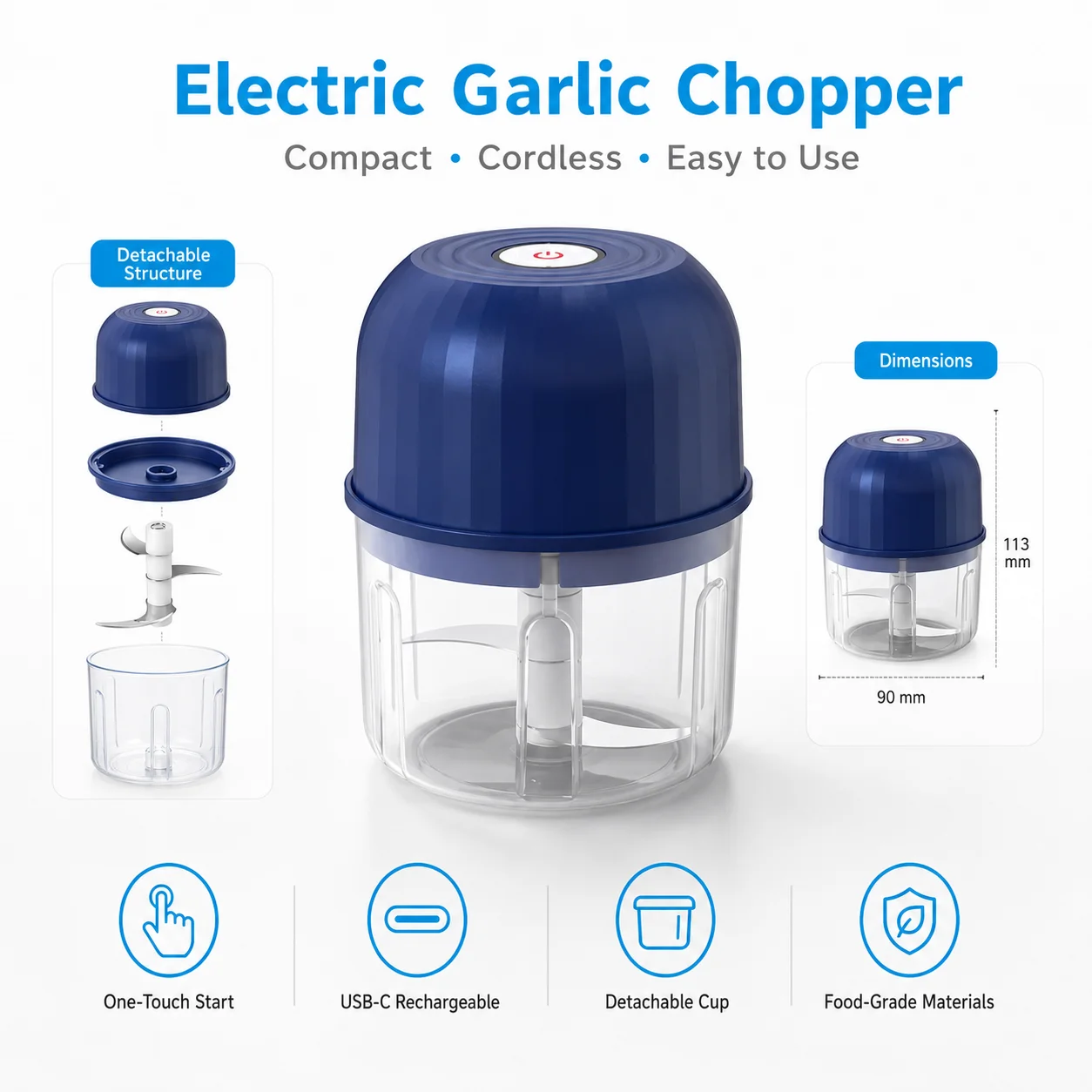 1PC Electric Garlic Chopper Rechargeable Mini Food Processor Portable Vegetable Cutter For Onion Chili Ginger Kitchen Cooking view 6