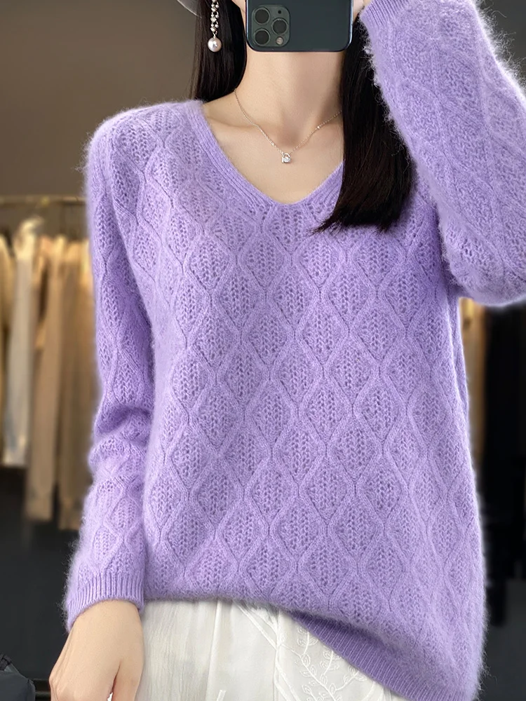 100% visone maglione di cashmere pullover con scollo a V da donna primavera autunno nuovo top lavorato a maglia maglione a maniche lunghe allentato abbigliamento coreano vuoto