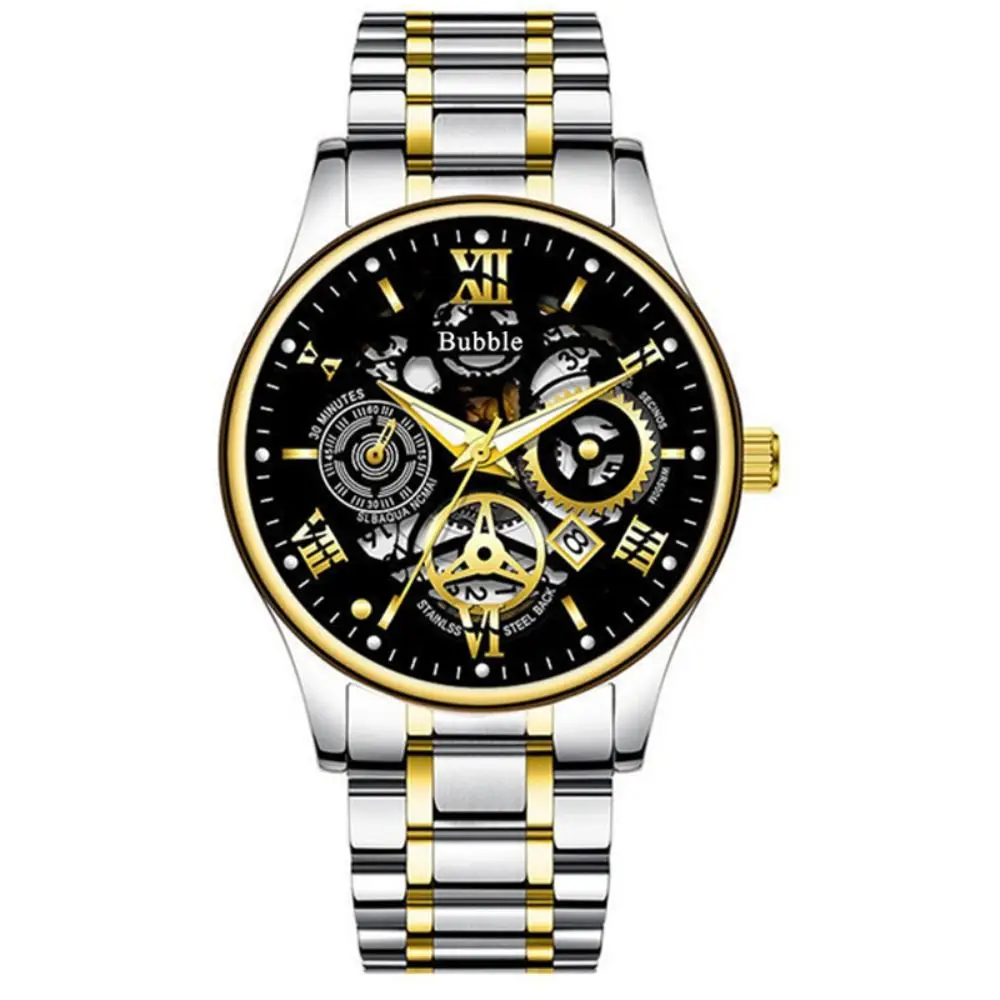 

Fashion Stainless Steel Watchband Men Wristwatch Night Glow Hollow Business Watch Calendar Luxury Quartz Watch
