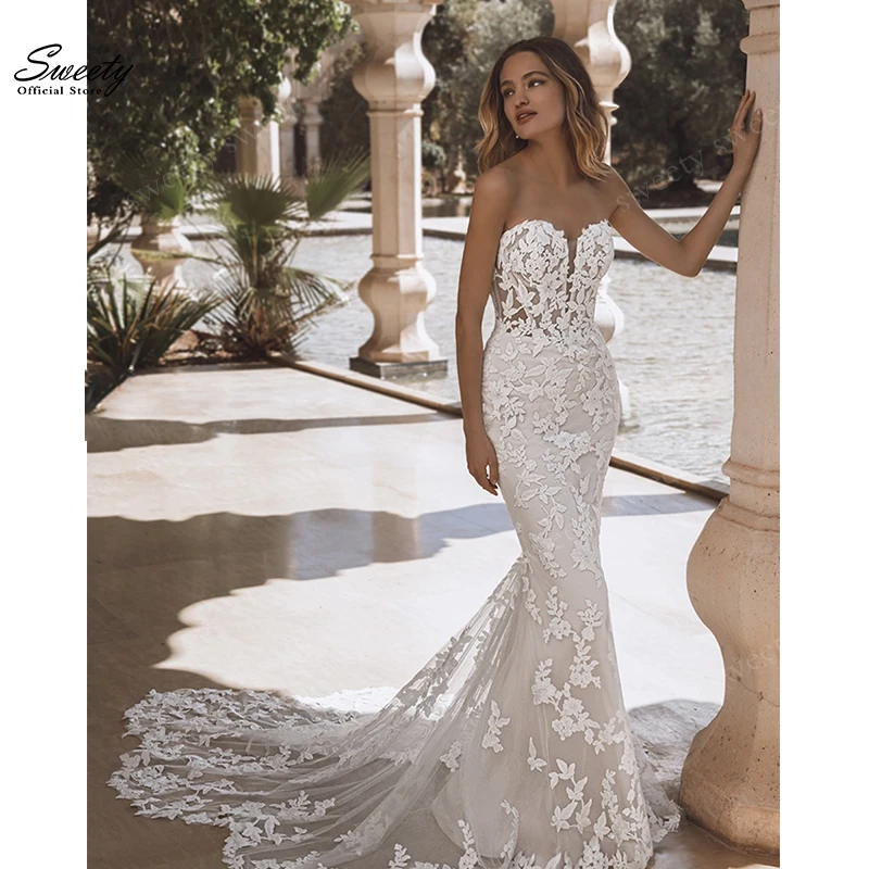 Elegant Detachable Train Wedding Dresses Bride Satin With Appliques Lace Mermaid Ballgown Strapless Sleeveless Customized Button