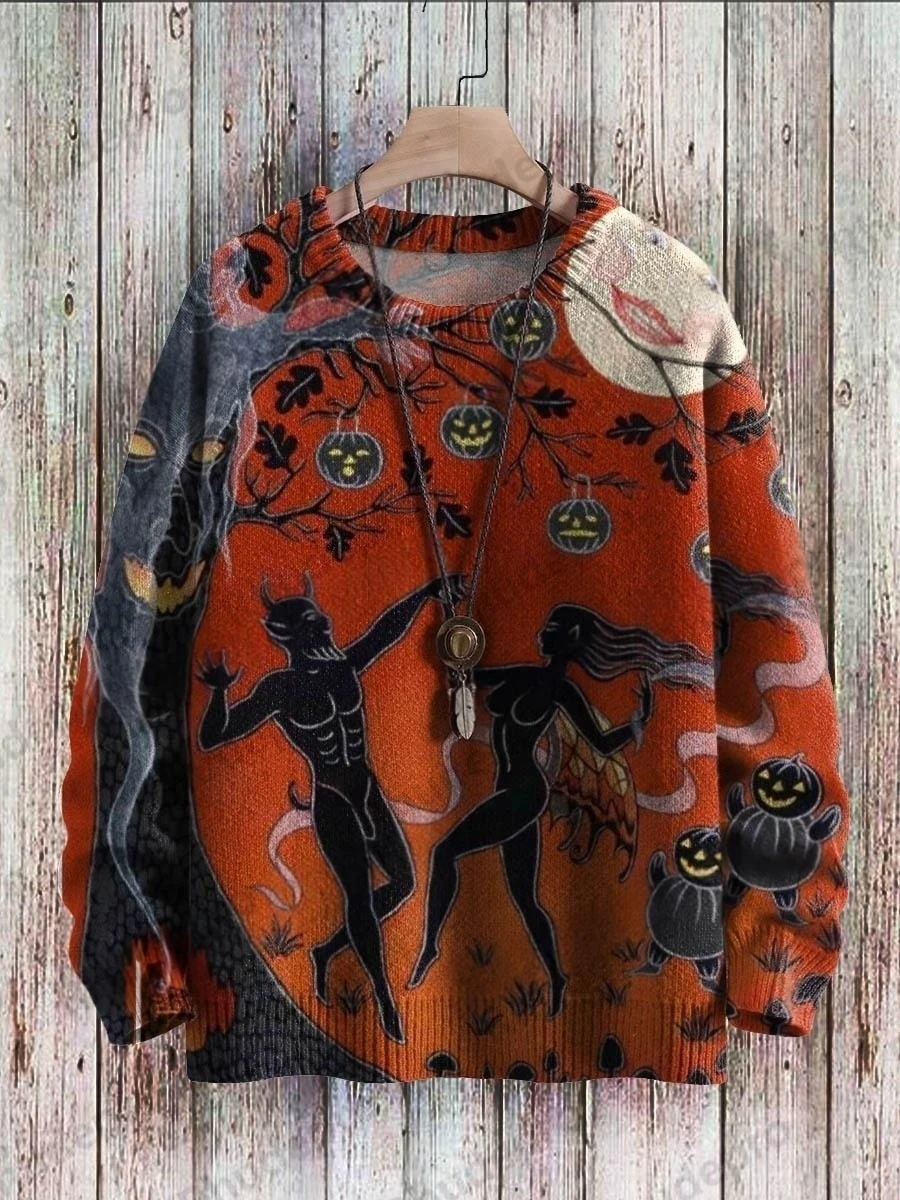Halloween Witch And Ghost Retro Art Pattern 3D Printed Men's Knitted Pullover Winter Unisex Casual Knit Pullover Sweater