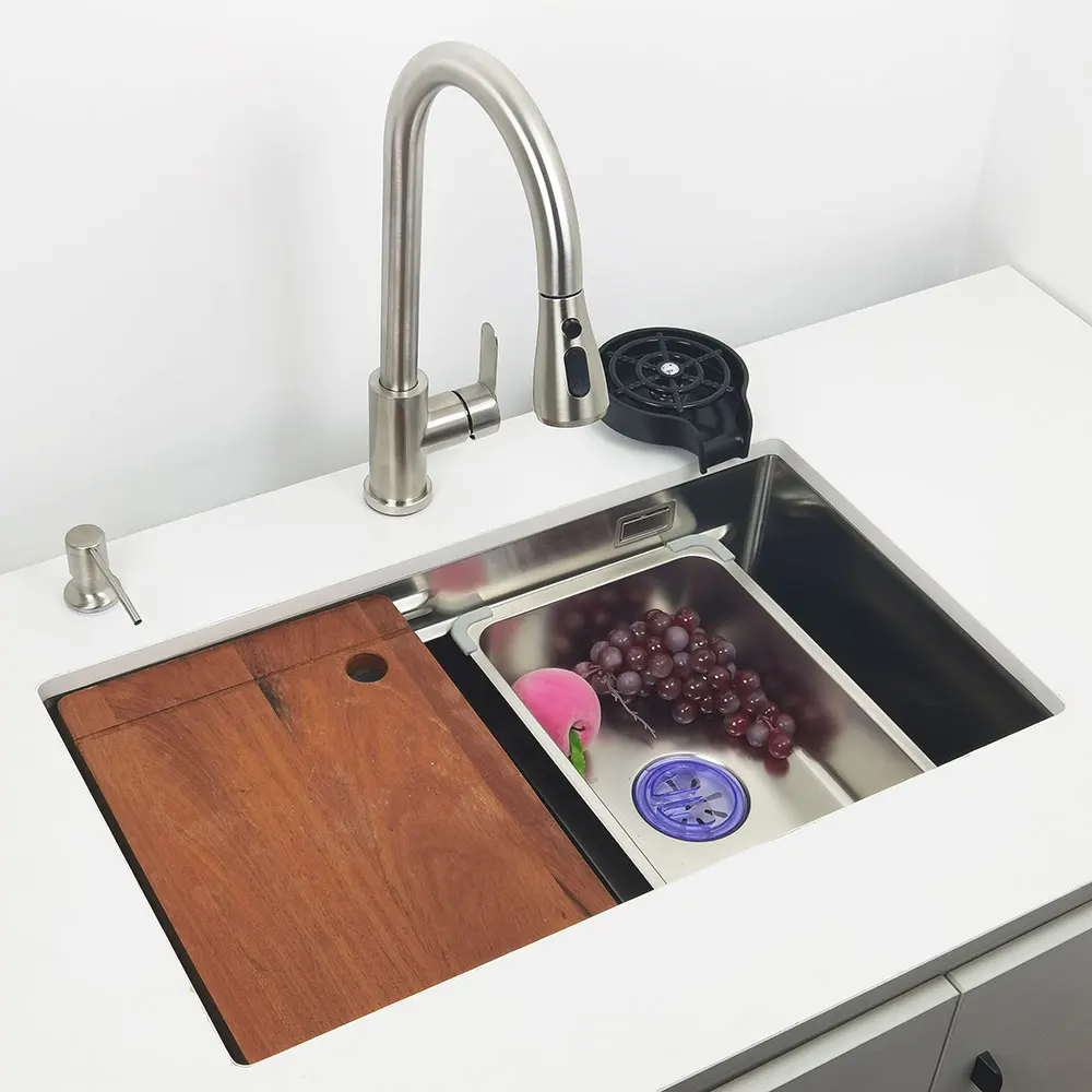 Unterbau-Küchenspüle aus 304 Edelstahl mit Wasserfallarmatur, Multifunktionale Einzelwaschbecken – Detail 11
