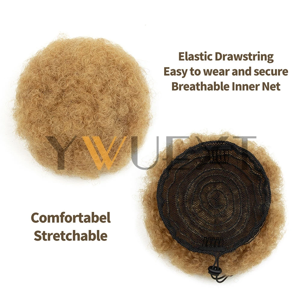 YWUEXT Tanjet Burgundy Afro Kinky Puff Ponytail Human Hair Bun Kinky Curly Drawstring Ponytail Brazilian Hair Extensions