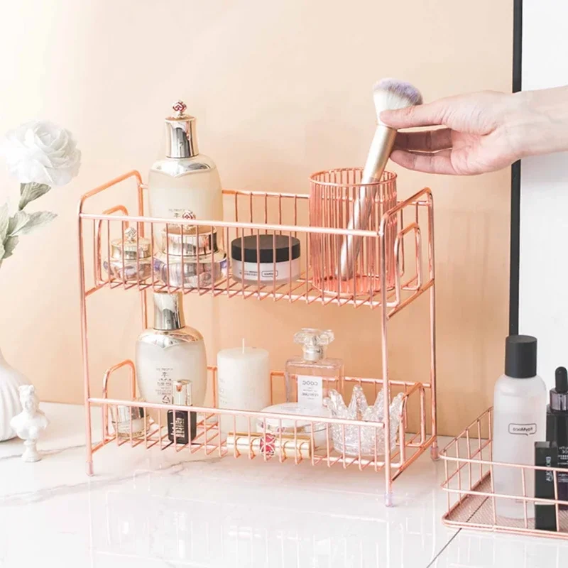 2 Layers Metal Cosmetics Storage Rack Bathroom Makeup Organizer Kitchen Seasoning Iron Storage Shelves Makeup Organizer Box