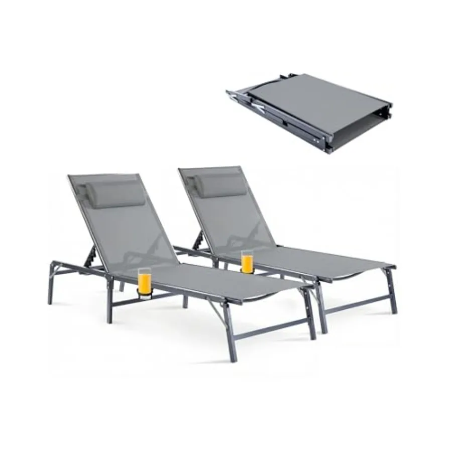 Outdoor chaise lounge chair for poolside, beach, patio use; polyester fabric, grey; foldable, assemble-free, 6-position adjusta
