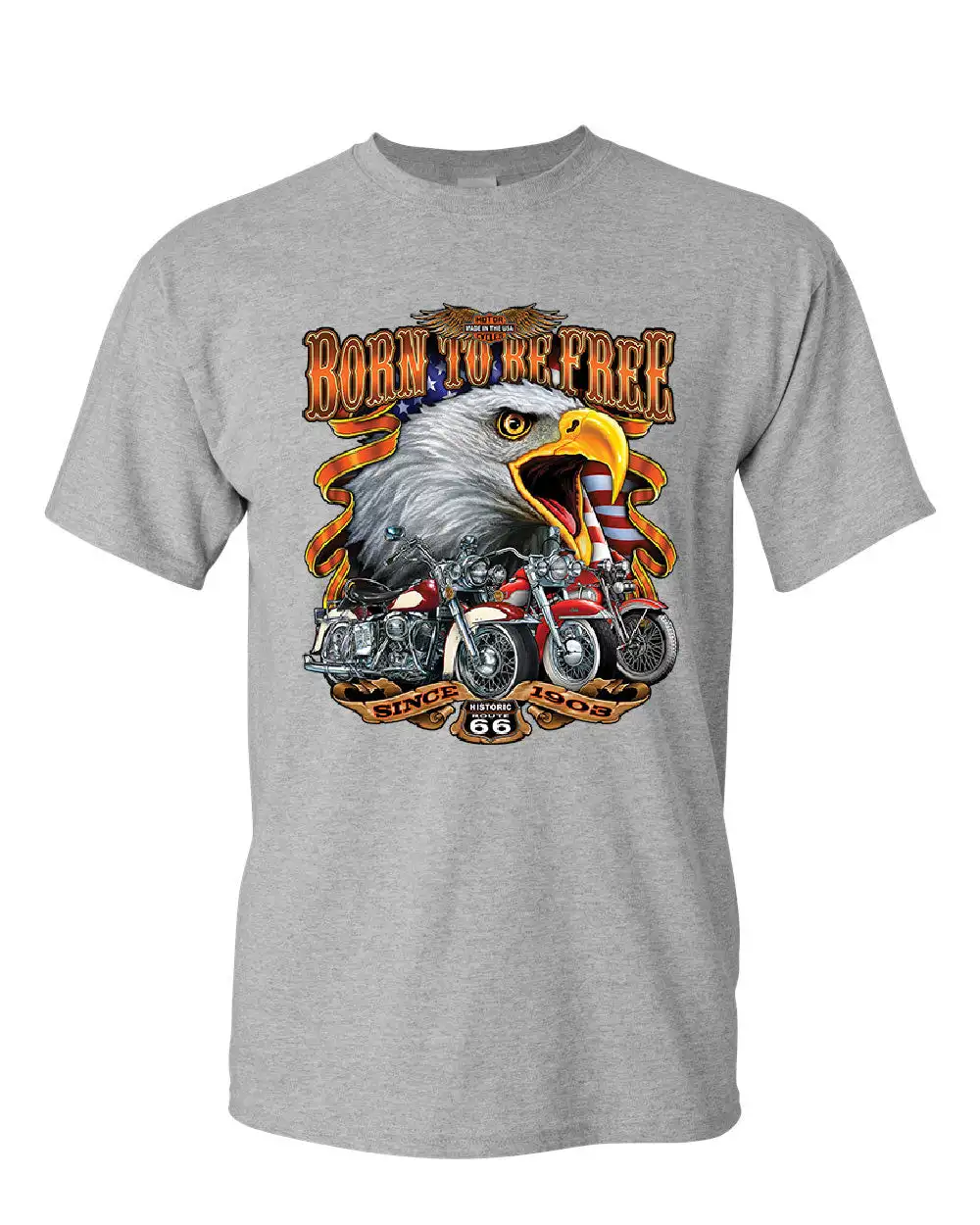 Born To Be Free Historic Route 66 Bald Eagle Motorcycle T-Shirt 100% Cotton O-Neck Short Sleeve Summer Casual Mens T-shirt - Image 2