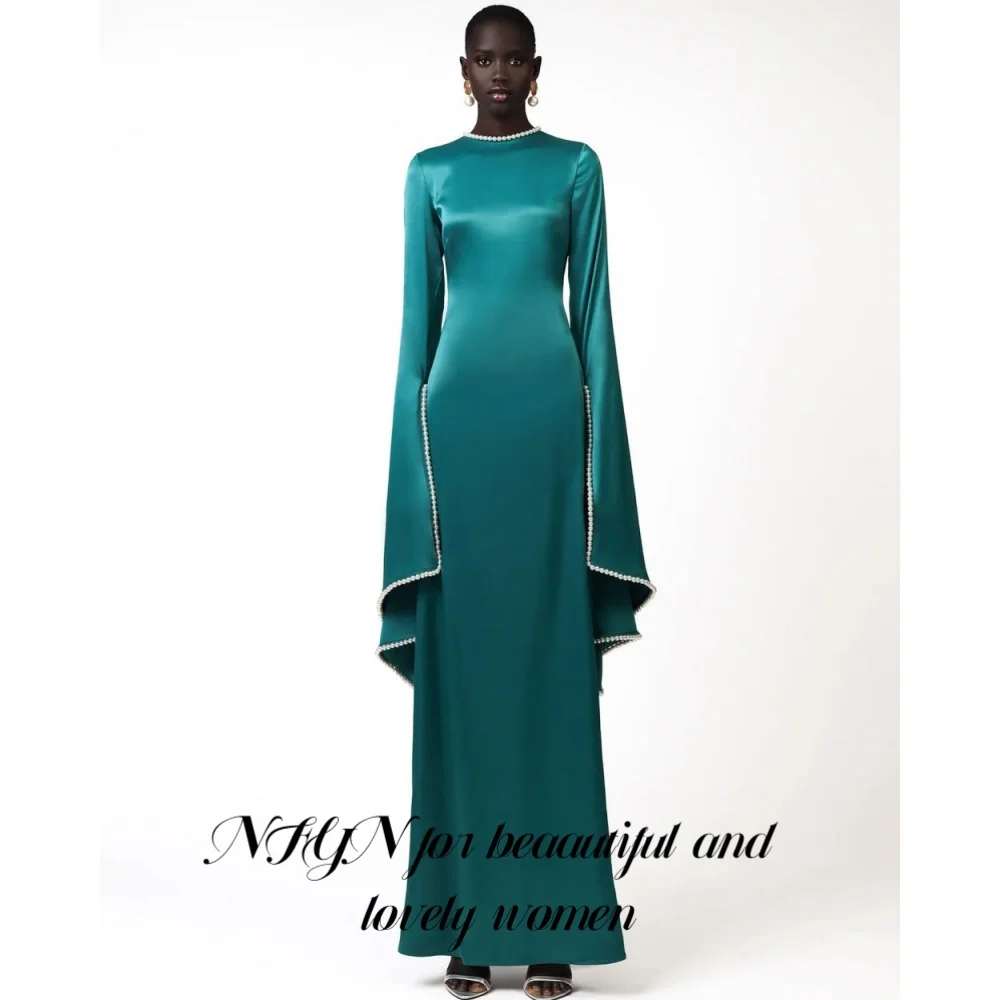 NFYN Arabia Fuchsia Evening Dress Sheer Neck Long Sleeves Satin Party Dress Ruched Formal Prom Dress Robes De Soirée Customized