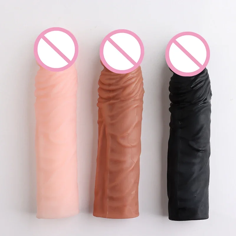 Realistic Penis Sleeve Extender Reusable Condoms Silicone Dick Enlarger Sheath Delay Ejaculation Sex Toys for Men 19CM