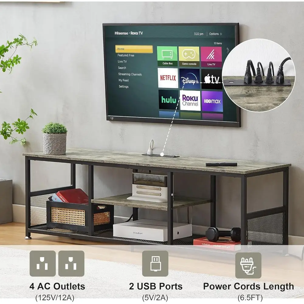 حامل تلفزيون مع منافذ طاقة للتلفزيونات حتى 75 بوصة، مركز ترفيه الوسائط 62 بوصة مع محطة شحن 3 طبقات مفتوحة #3