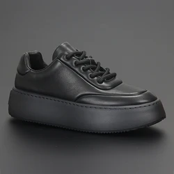 New Men's Shoes Solid Color Leather Soft Surface Comfortable Low Top Board Shoes Thick Sole Increase Leisure Sports Trend Men's