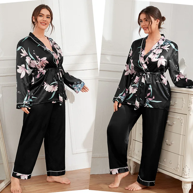 Large Size Pajamas Women Cardigan Lace-up Satin Print Long Sleeve Trousers Pajamas Set Casual Loose Home Clothing Ladies Suit