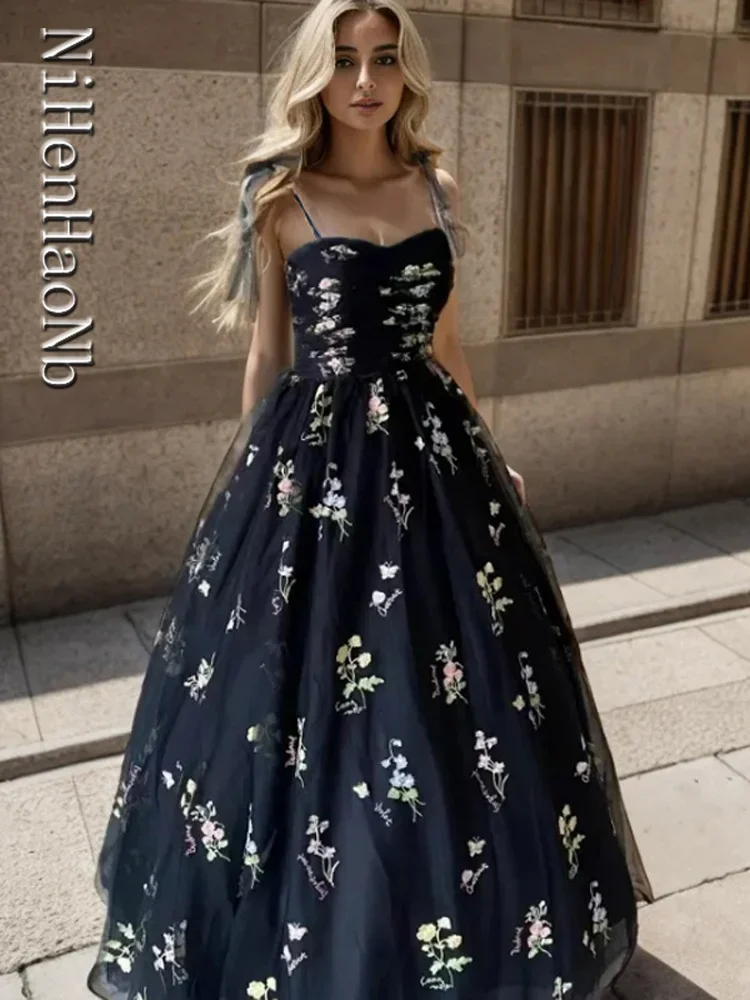 Floral Embroidery Long Prom Evening Dresses for Women 2023 Summer Elegant Suspender Party Formal Host Princess Dress