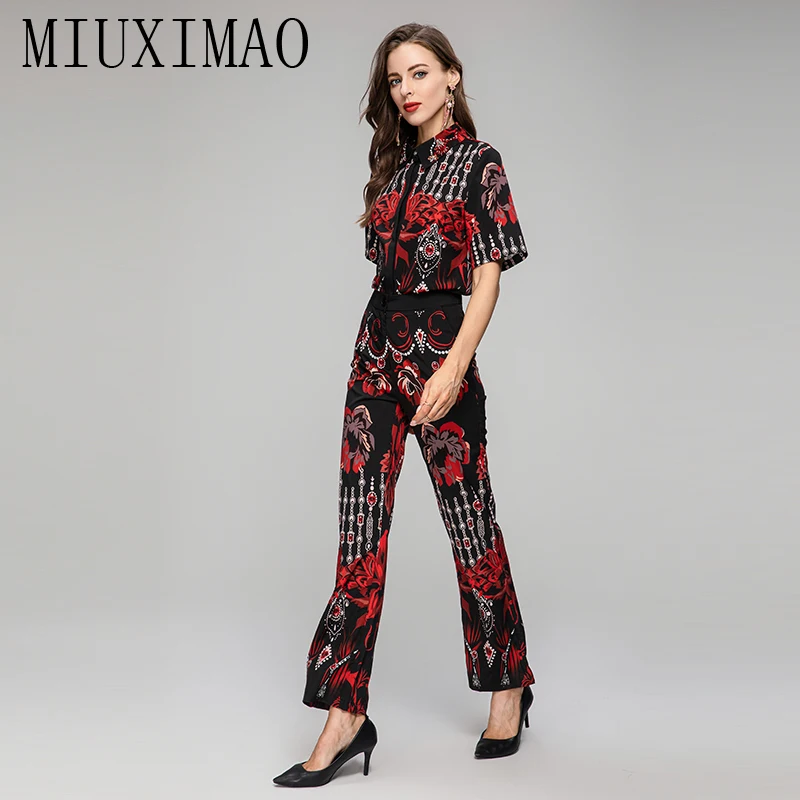 MIUXIMAO 2023 autunno Dress Diamond collar elegante Set manica corta con stampa floreale camicia + pantaloni moda due pezzi Set donna Vestides