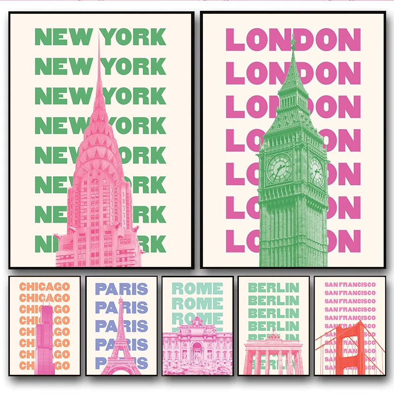 1 pieza de pintura en lienzo sin marco, estampado de viaje moderno, Chicago, Nueva York, San Francisco, Londres, París, Roma, Japón, Ámsterdam, Berlín, Egipto