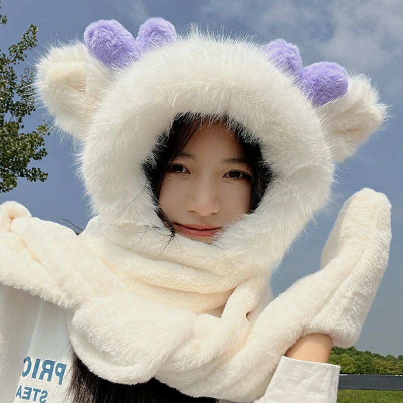 

3in1 Novelty Gloves Scarf Hat Winter Female Cute Antlers Cartoon Warm Winter Warm Plush Hat Girlfriend Christmas Birthday Gift